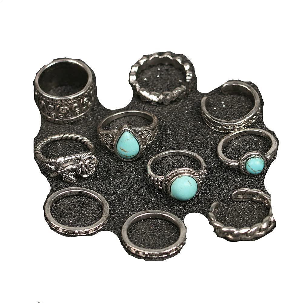 Sither 10 Pcs Turquoise Rings Pack for Women Rings Set Knuckle Rings Silver Bohemian Rings Vintage Turquoise Rings Joint Knot Ring Sets for Teens Party Fesvital Jewelry Gift - BeesActive Australia