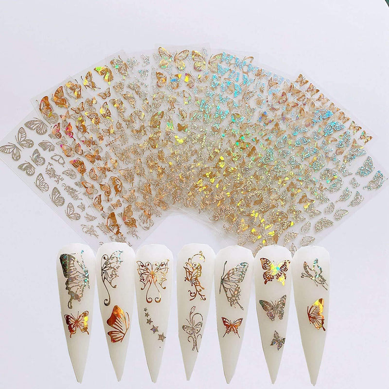 8 Sheets Butterfly Nail Art Stickers Holographic Laser Self Adhesive Nail Art Decals Gold and Silver Butterfly Shapes Design for Women Girls Manicure Tips Wraps Decorations - BeesActive Australia