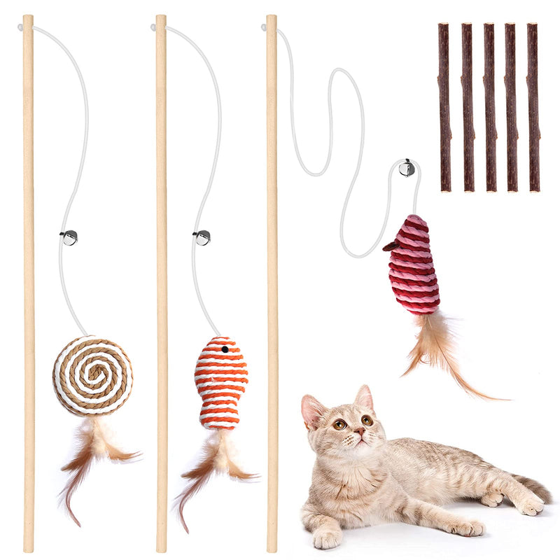 Cat Toys for Indoor Cats, 3pcs 16 Inch Natural Wood Cat Teaser Wand Toy with Teaser Refills for Cat Kitten Having Fun Exerciser Playing, Bonus 5pcs Catnip Sticks for Cat Teeth Cleaning Sisal - BeesActive Australia