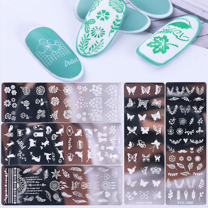 5 Pcs Nail Polish Printing Plate+1 Piece Of Stamper+1 Piece Of Scraper Diy Set Butterfly Rose Bohemian Feather Leaf Cat Pattern Nail Art Decoration - BeesActive Australia