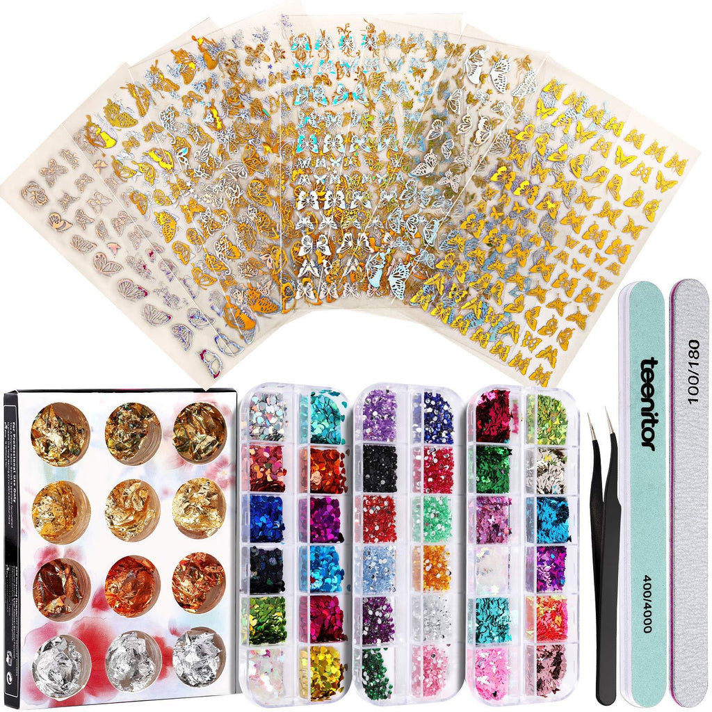 8 Sheets Gold Nail Art Sticker Different Laser Gold and Silver Color Teenitor Nail Art Decoration Kit with Butterfly Glitter Heart Nail Sequins Nail Foil Flakes Nail Rhinestones and Tweezers - BeesActive Australia