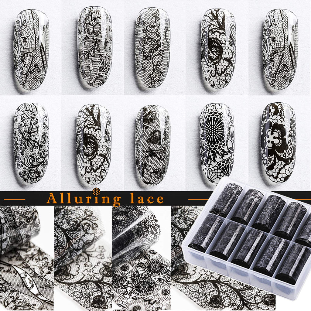uspxqx Nail Sticker Alluring lace Pattern, Nail Art Stickers, 10Rolls of Nail foil Nail Art with Mystery Print, Black Nail foils Each Nail Decals is 1.6"X40", Beautiful Nail Decorations. - BeesActive Australia