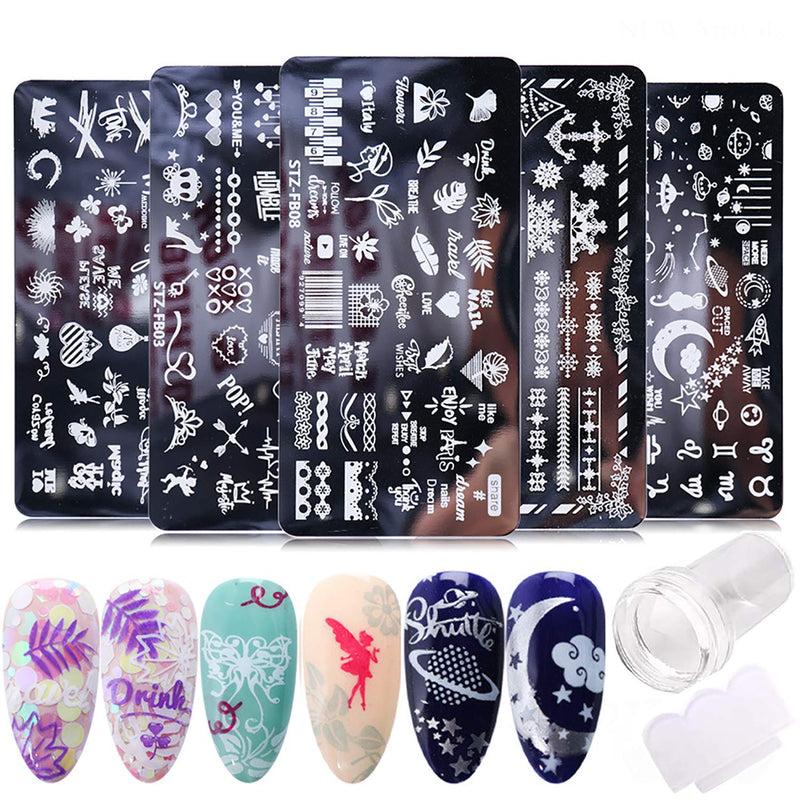 5 PCS Nail Stamping Plates+1 Stamper +1 Scraper Lace Space Star Butterfly Musical Notes Leaves Digital Love Heart Letters Snowflake Nail Stamp Plates Set Template Image Plate Nail Supplies Tool - BeesActive Australia