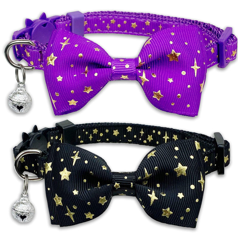 2 Pack Cat Collar with Bow Tie and Bell, Kitty Kitten Starshine Collar Breakaway Collar for Males Females Boys and Girls Cats Starshine Purple / Black - BeesActive Australia