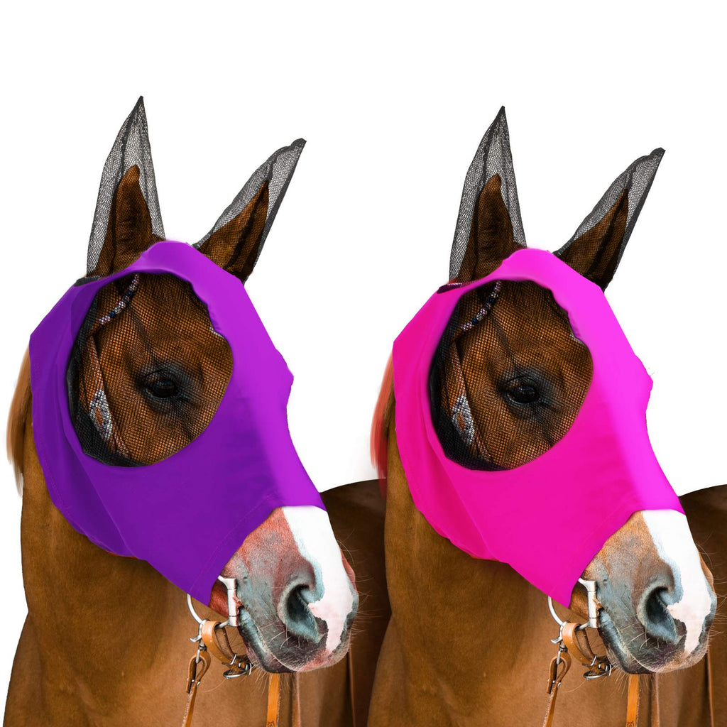 2 Pieces Horse Fly Mask Horse Mask with Ears Smooth and Elasticity Fly Mask with UV Protection (Purple, Pink,M) - BeesActive Australia