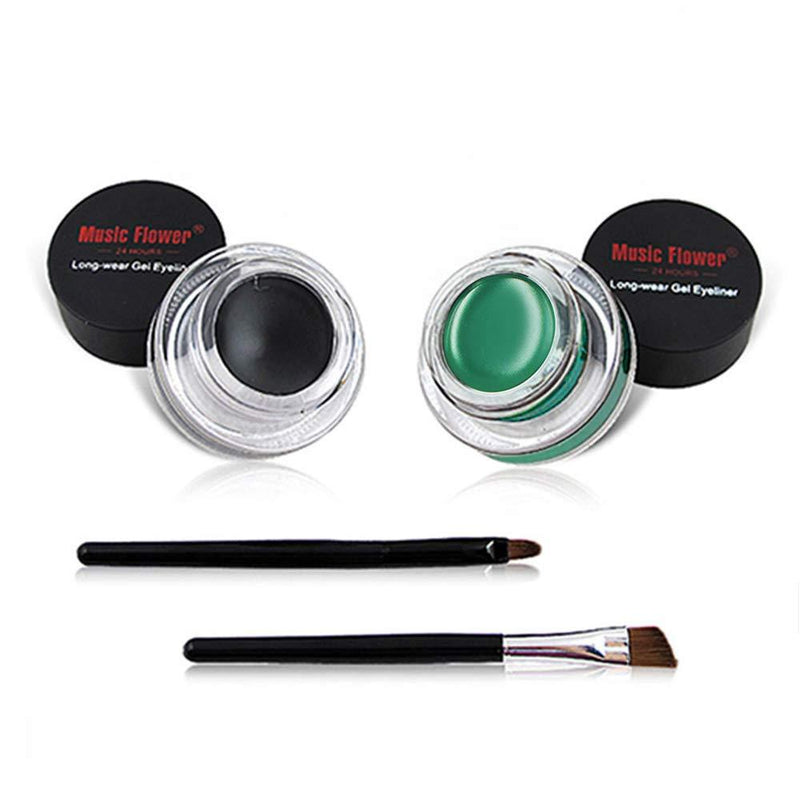 Music Flower Gel Eyeliner With 2 Brushes set Waterproof Long-lasting Smudge-proof Easy to Wear (Green+Black) Green+Black - BeesActive Australia