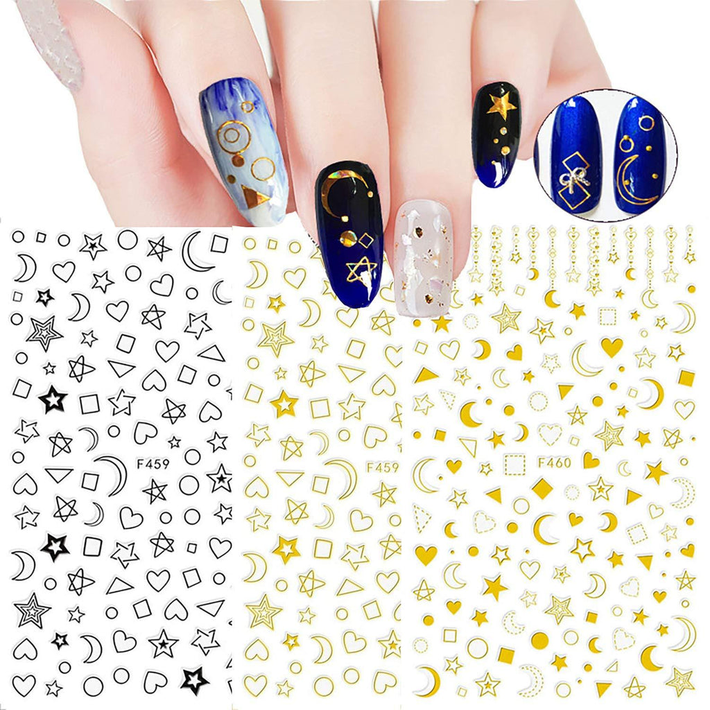 6 Sheet star moon series laser nail art gold, silver and black three-color art 3D design nail decoration manicure skills self-adhesive DIY nail art romantic style - BeesActive Australia