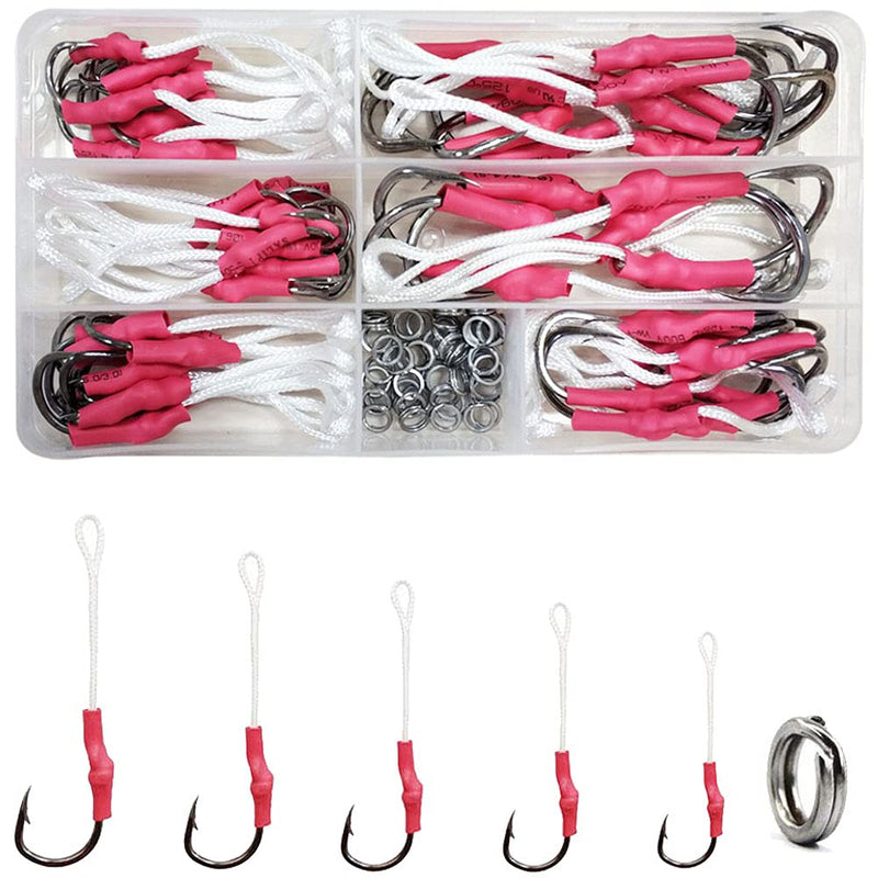 Fishing Assist Hooks with PE Line - 53pcs/106pcs Saltwater Jig Fishing Hooks Butterfly Jig Hooks Split Ring Slow Pitch Jig Hooks Stainless Steel Hooks for Trolling 106pcs assist hooks - BeesActive Australia