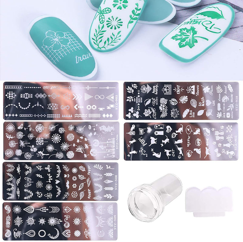 6PCS Nail Art Stamping Plates+ 1 Stamper + 1 Scraper Lace,Floral Flower Ripple Butterfly Dandelion Leaves Cat Jewelry Design Nail Stamp Plates Set,Template Image Acrylic Nail Supplies Nail Equipment - BeesActive Australia