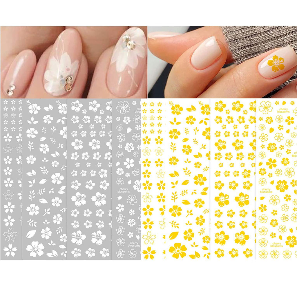 8 Sheets Gold White Small Flower Nail Art Stickers Decals,3D Self-adhesive Flowers Cherry Blossoms Nail Design For Acrylic Nails Supplies,DIY Manicure Nail Decoration Beauty Accessories - BeesActive Australia