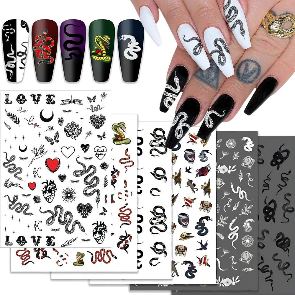 Nail Art Stickers Self Adhesive Nail Art Supplies Decals, 6 Sheets Snake Pattern Designer Nail Stickers Luxury Retro Nail Design Kit 3D Nail Sticker Nail Art Decals for Acrylic Nail Art Decorations - BeesActive Australia