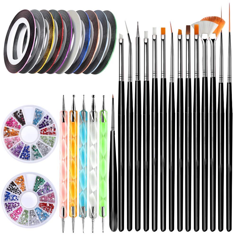 Nail Art Brushes, Teenitor 3D Nail Art Paiting Design Brushes, 15 Nail Gel Brushes, Nail Dotting Pen 5pcs, 12 Colors Nail Rinestones & 10 Adhesive Nail Striping Tape for False Acrylic Nails-Black - BeesActive Australia