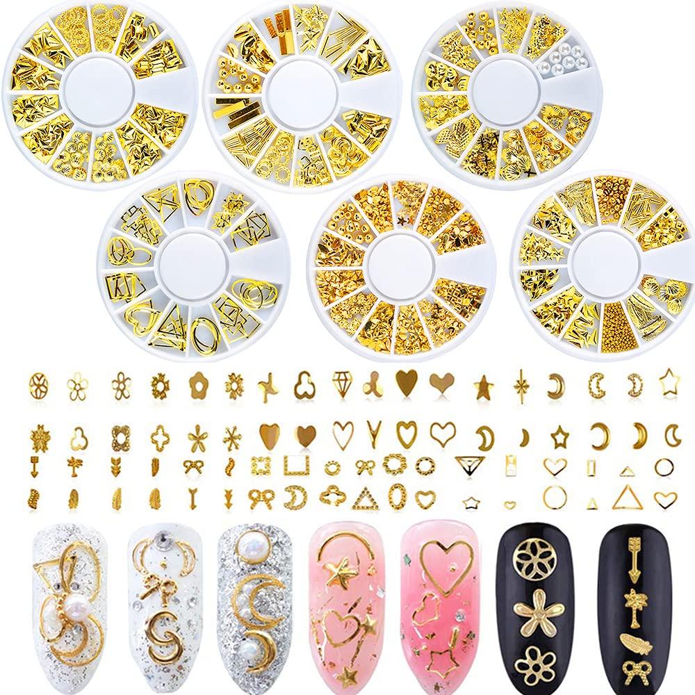 Nail Studs for Women 3D Nail Art Charms Accessories 6 Boxes Gold Metal, Selected 72 Grids High-end Design Hollow Rivets,Punk Heart Triangle Star Moon Square Rivet Gems Nail Art Jewels Decal - BeesActive Australia