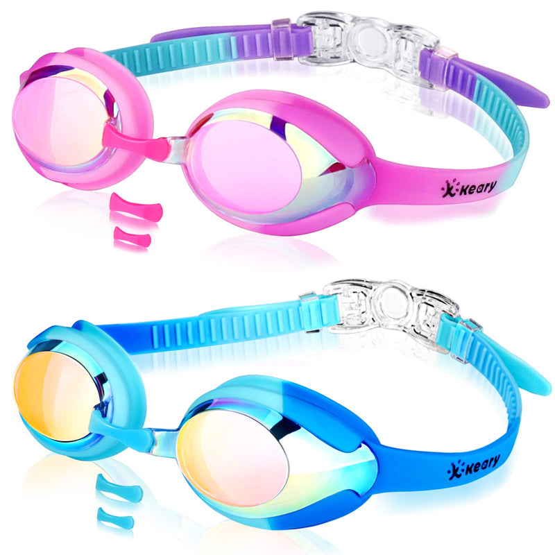 Keary 2 Pack Kids Swim Goggles for Toddler Kids Youth(3-9),Anti-Fog Waterproof Anti-UV Clear Vision Water Pool Goggles Mirrored Pink & Blue(2 Pack) - BeesActive Australia