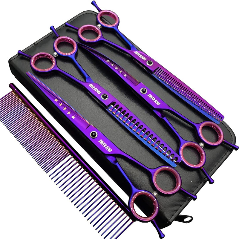7.0 inches Professional Dog Grooming Scissors Set Straight & thinning & Curved & chunkers & comb 5pcs in 1 Set for left-handed & right handed Right-handed Purple - BeesActive Australia