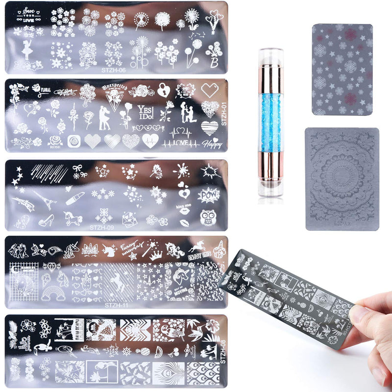 Nail Stamp Plates Set, 5 Pcs Nail Stamping Plates + 1 Stamper + 2 Scraper Flower, Lovers, Love, Unicorn, etc Nail Plate Template Image Plate DIY Stainless Steel Nail Image Polish Template Kit - BeesActive Australia