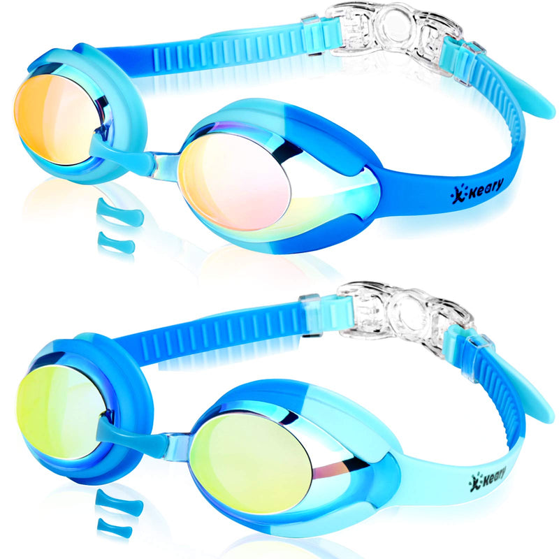 Keary 2 Pack Kids Swim Goggles for Toddler Kids Youth(3-9),Anti-Fog Waterproof Anti-UV Clear Vision Water Pool Goggles Mirrored Blue & Light Blue(2 Pack) - BeesActive Australia