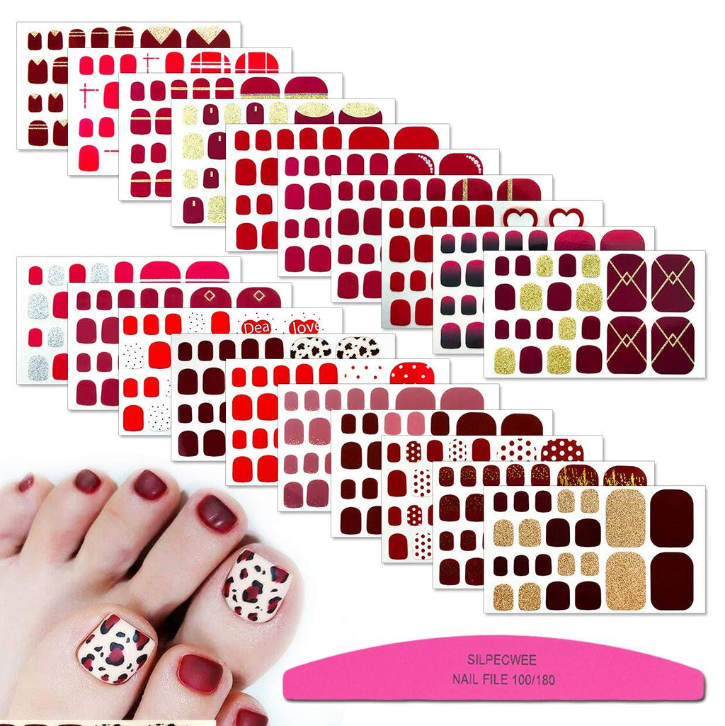 SILPECWEE 20 Sheets Adhesive Toenail Polish Strips Full Wraps Heart Solid Color Nail Art Stickers Decals Manicure Tips for Women 1Pc Nail File NO3 - BeesActive Australia