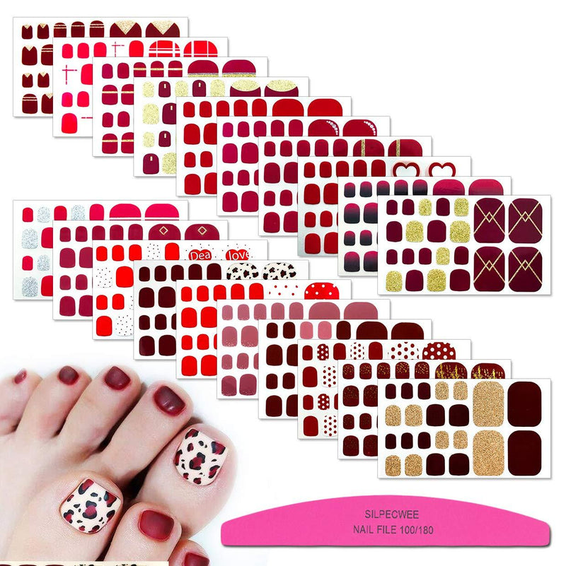 SILPECWEE 20 Sheets Adhesive Toenail Polish Strips Full Wraps Heart Solid Color Nail Art Stickers Decals Manicure Tips for Women 1Pc Nail File NO3 - BeesActive Australia