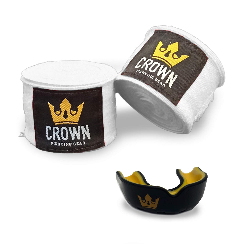 Crown Fighting Gear Boxing Hand Wraps & Mouth Guard Set - Wrist & Knuckle Protection & Mouthpiece w/Carry Case - Sports Kit Accessories for Martial Arts, MMA, Muay Thai, Kickboxing - for Men & Women White - BeesActive Australia