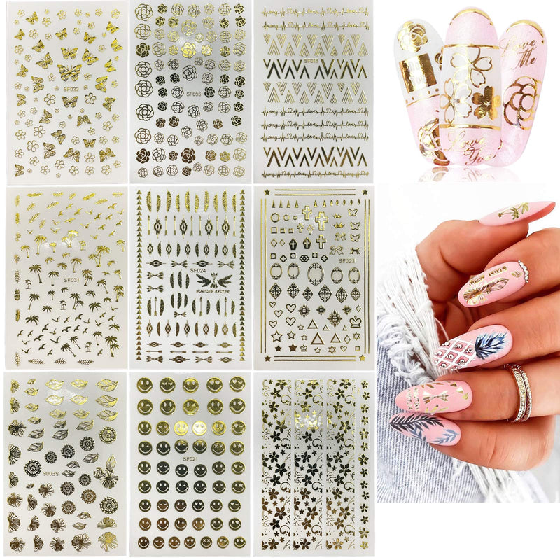 Ooopsiun 9 Sheets Gold Nail Art Stickers for Women - 3D Luxury Metallic Self- Adhesive Nail Decals Metallic Designs Nail Stickers for Women Kids Girls DIY Manicure Decorations - BeesActive Australia