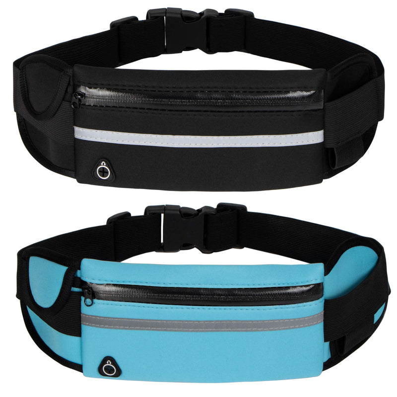 Running Belt Waist Packs,Workout Fanny Pack,Ultra Light Bounce Free Waist Pouch Fitness Workout Belt Sport Waist Pack for Women Men,Adjustable Waistband Bag for All Kinds of Phone (2 Pack-Black+Blue) 2 Pack-Black+Blue - BeesActive Australia