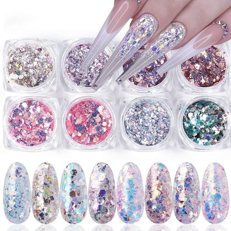 8 Boxes Nail Glitter Sequins Set Holographic Nail Glitter Mermaid Powder Flakes Shiny Charms Hexagon Nail Art DIY Sparkly Nail Acrylic Nails Tools Tips Decoration designs women Manicure accessories - BeesActive Australia