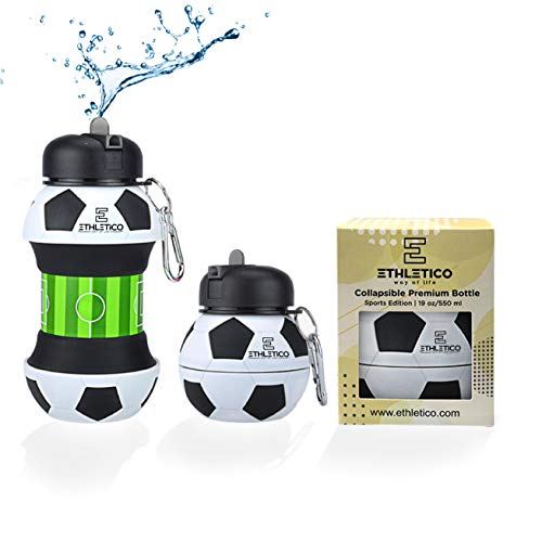 ETHLETICO Collapsible Water Bottles with Carabiner Food Grade Sports Water Bottle for Gift Kids Folding Water Bottle for Hiking, GYM, School, Sports and Travelling 19Oz/550ml BPA Free (Soccer) Soccer Ball - BeesActive Australia