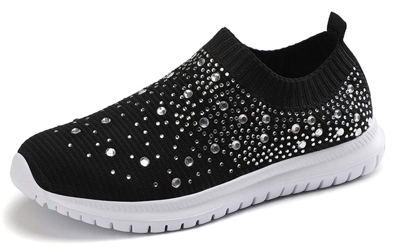 GOSPT Women's Mesh Walking Shoes Rhinestone Glitter Slip On Ballroom Jazz Latin Dance Sock Sneakers 5 Black - BeesActive Australia
