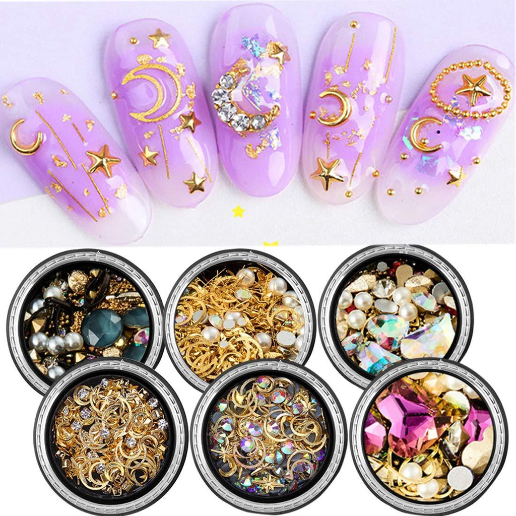 6 Boxes 3D Mix-shape Metal Nail Studs Big Gem Pearls Nail Art Rhinestone Nail Rivet Stars Moons Diamonds Jewels Decoration Kit for Women Manicure Wraps Fingernail Tips Accessories - BeesActive Australia