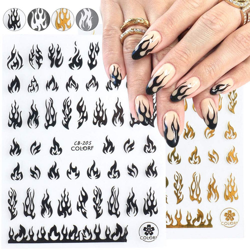 4 Sheets Flame Nail Art Stickers 3D Fire Flame Nail Decals Nail Art Supplies Adhesive Nail Foils White Black Silver Gold Flame Nail Sticker for Acrylic Nails Design Nail Vinyls Stencil Accessories - BeesActive Australia