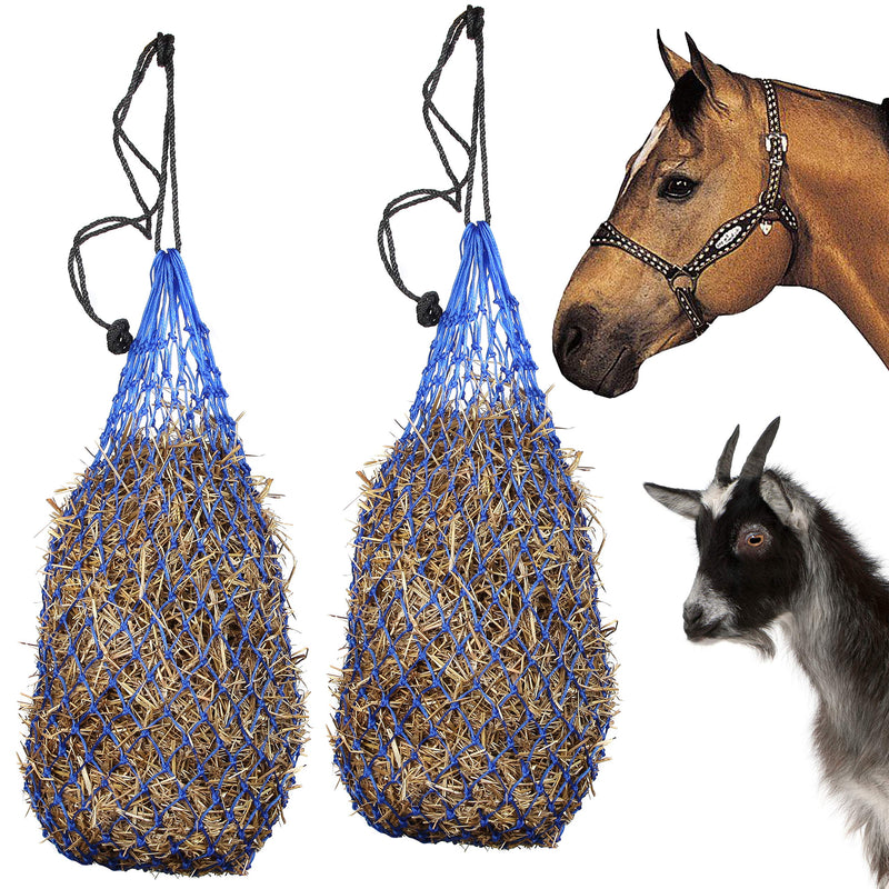 Majestic Ally 2 pcs Ultra Slow Feed 1.5"x1.5" Holes 40” Hay Net for Horses and livestocks, Nylon Rope Hanging, Adjustable Travel Feeder for Trailer and Stall, Simulates Grazing Royal Blue - BeesActive Australia