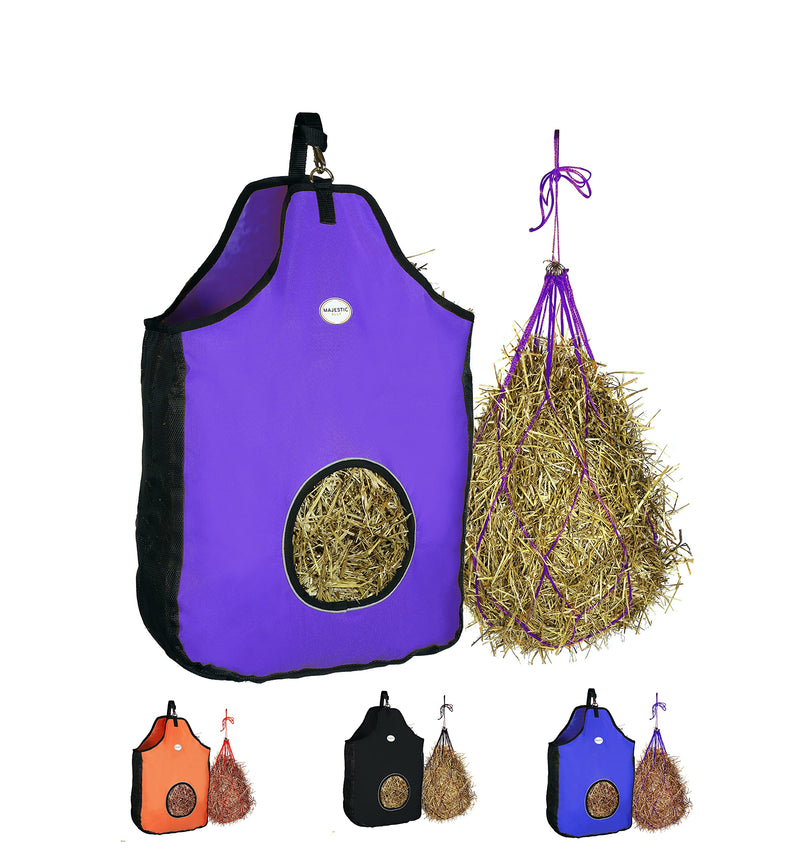 Majestic Ally 1200 D Hay Feeder Tote Bag for Horses, Sheep – Premium Quality Nylon Mesh - Reflective Trim- Simulates Grazing - Reduces Waste - Comes with 36” Hay Net. Purple - BeesActive Australia