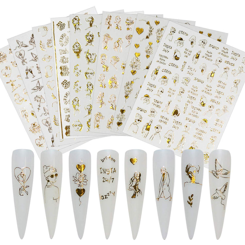 8 Sheets Golden Nail Art Stickers Mother's Day Character Side Face Self-Adhesive Designer Nail Decals Stickers Heart Letters Cool Girl Nail Decorations Acrylic Nail Art - BeesActive Australia