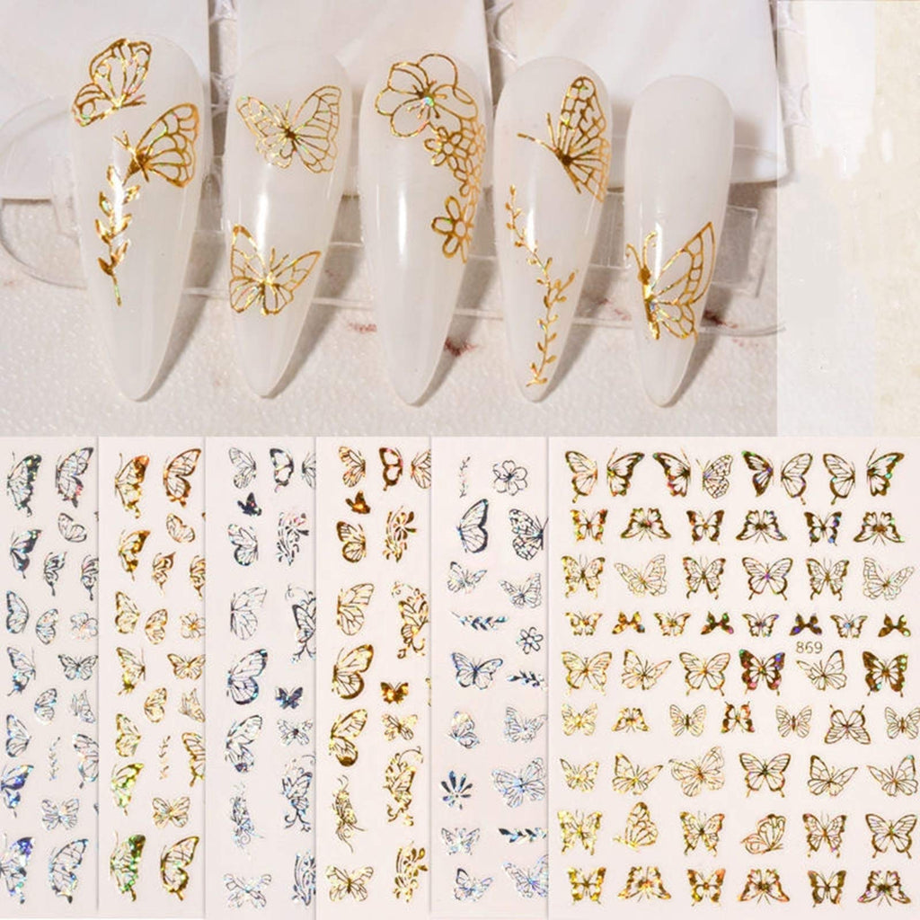 Butterfly Nail Art Adhesive Stickers 10 Sheets Nail Art Supplies Different Laser Gold and Silver Color Butterfly Shapes Nail Art Decoration 3D Luxury Butterflies Sticker for Acrylic Nails Decor - BeesActive Australia