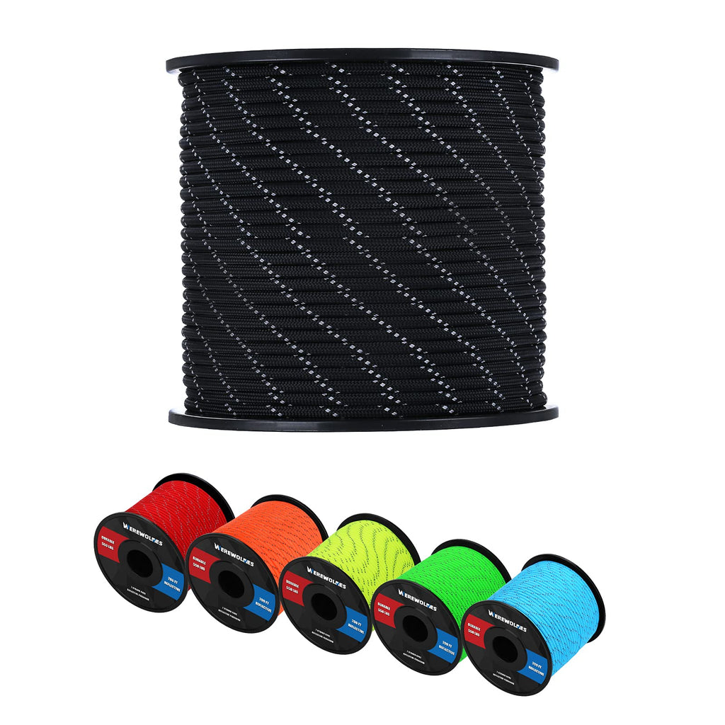 WEREWOLVES Reflective 550 Paracord - 100% Nylon, Rope Roller, 7 Strand Utility Parachute Cord for Camping Tent, Outdoor Packaging (Reflective Black, 1.8mm 100Feet) Reflective Black 1.8mm - 3 strand - 100FT - BeesActive Australia