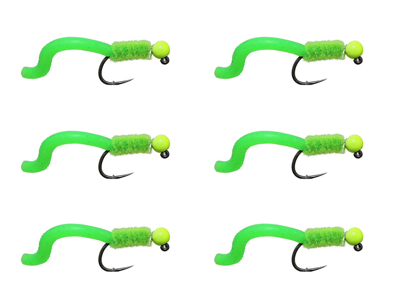 Wild Water Fly Fishing Squirmy Worm Flies Tungsten Bead Head - Size 12 - Pack of 6 Tungsten Bead Head Chartreuse Squirmy Worm - Size 12 - 6 Pack - BeesActive Australia