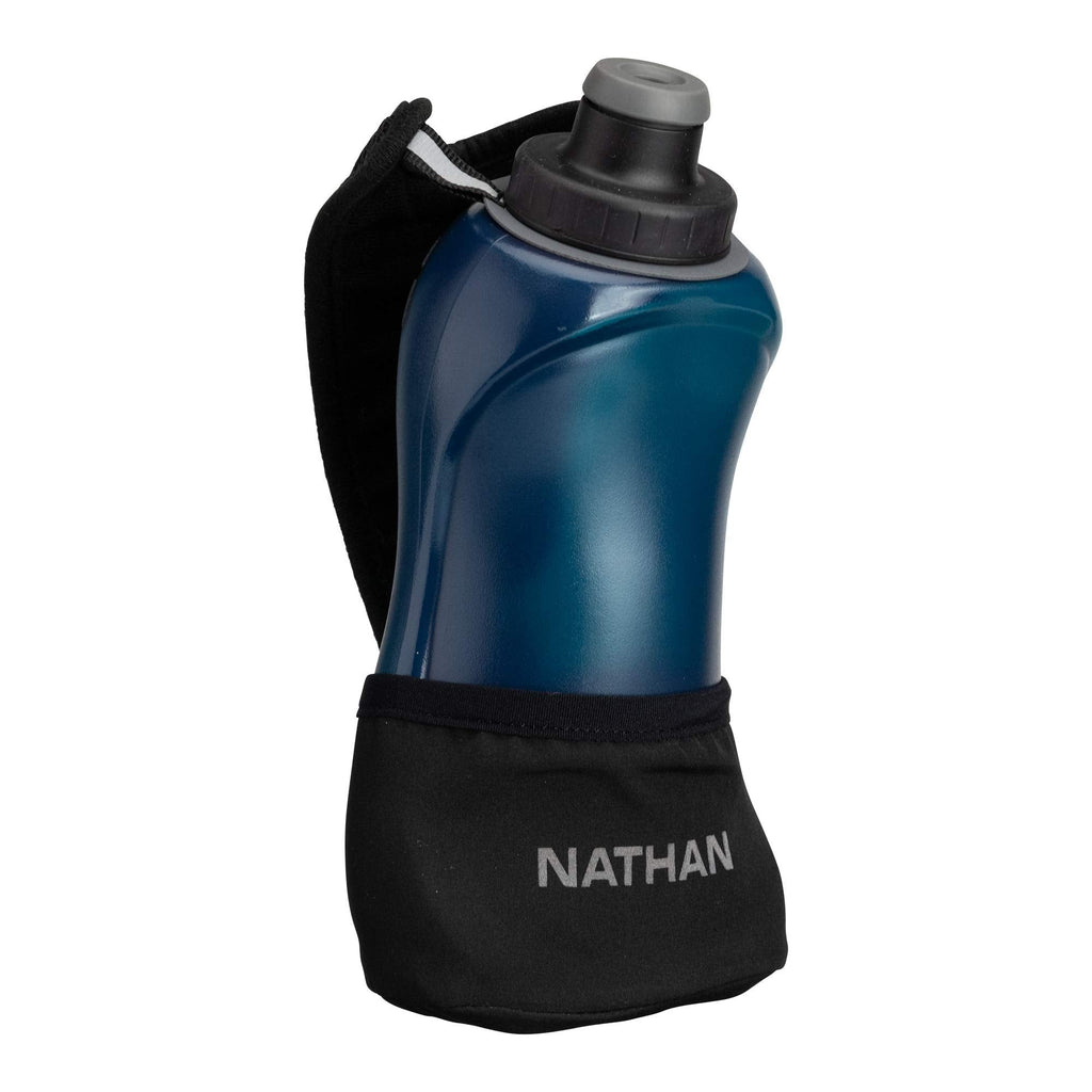 Nathan Running Handheld Quick Squeeze. No-Grip Adjustable Hand Strap. 12oz / 18oz / Insulated. Reflective Hydration Water Bottle. Black / Blue - BeesActive Australia