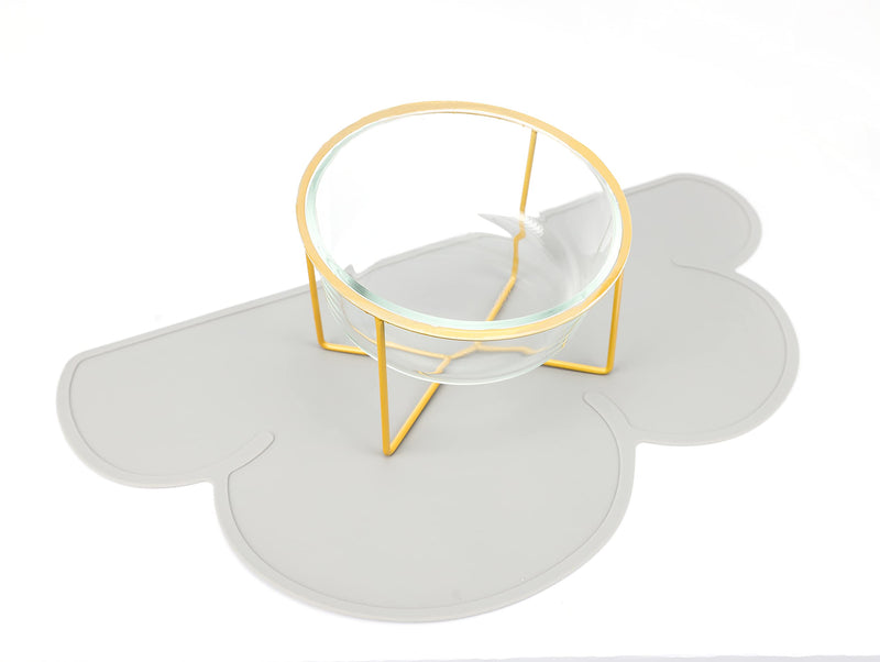 Glass Raised Cat Bowls or Small Dog Dishes with Gold Metal Stand,Anti Vomiting Tilted Transparent Pet Bowl, Elevated Food or Water Bowl Set with Grey Silicon Clouds Waterproof Mat 1 x 20oz bowl+1 mat - BeesActive Australia