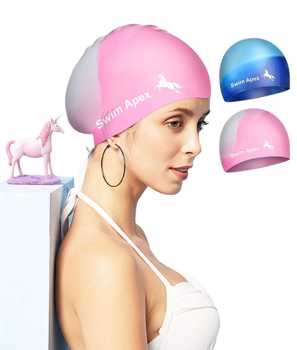 Silicone Swim Cap 2 Pack for Long Hair Women Waterproof Bathing Pool Swimming Cap Cover Ears to Keep Your Hair Dry,3D Soft Stretchable Durable and Anti-Slip,Spacious, Easy to Put On and Off Pink&Blue - BeesActive Australia