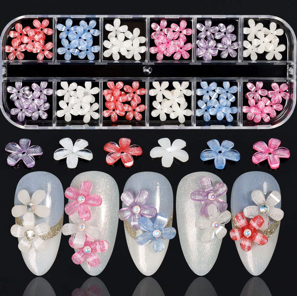 Flower Nail Art Charms 60pcs Nail Glitter Decals Decoration 3D Nail Flower Colorful Design Acrylic Nail Stud Jewelry Salon Nail Accessories Supplies for Women DIY Manicures Tips C - BeesActive Australia