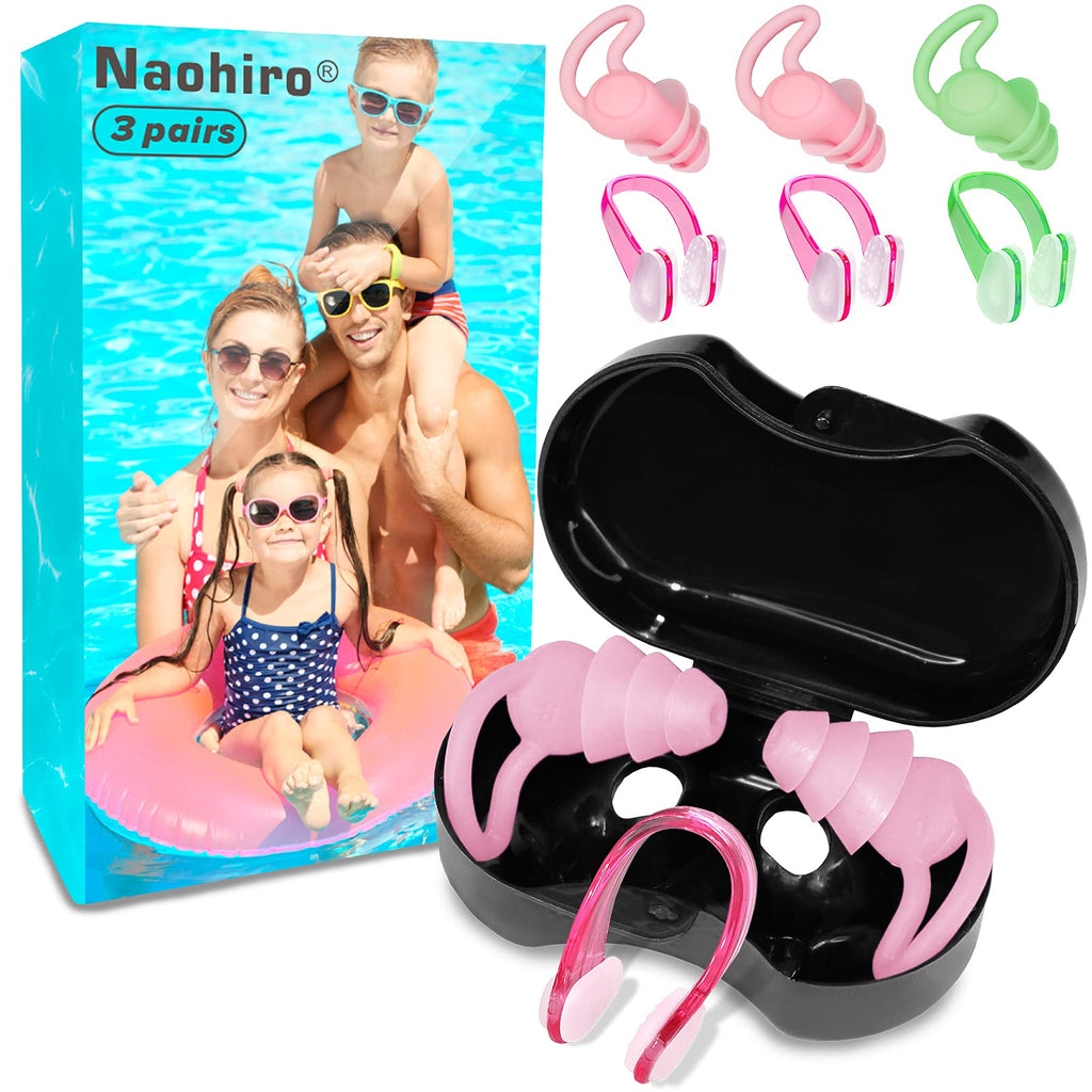 Naohiro Swimming Earplugs 3 Pairs, Upgraded Design of Silicone Waterproof Earplugs, Reusable, for Swimming, Surfing,and Other Water Sports, for Adults and Kids (2Pink &1Green)（U.S. Local Delivery） 2 Pink & 1 Green - BeesActive Australia