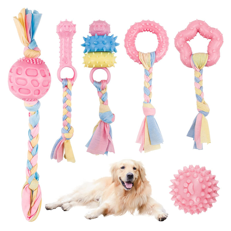 Bac-kitchen 6 + 2 Pcs Puppy Chew Toys Set, Cute Safe Rope Toys Teeth Clean Toys Set with Cotton and Rubber for Small Dogs, Washable Cotton Rope Dog Toy Pink 01 - BeesActive Australia