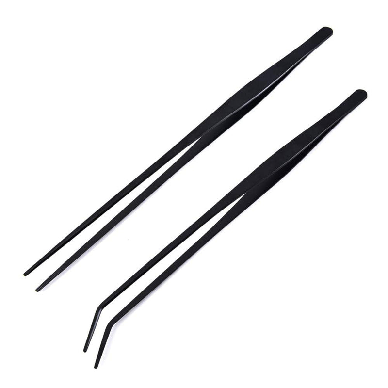 2 Pack Aquarium Forceps, 15 inch Long Handle Aquarium Tweezers Stainless Steel Straight and Curved Tweezers Set for Fish Tank Aquatic Plants Long Handle Reptile Feeding Tongs, Black - BeesActive Australia