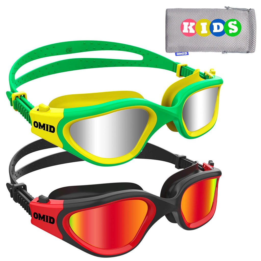 Kids Swim Goggles, OMID 2 Packs Comfortable Polarized Swimming Goggles Age 6-14 Polarized Green Silver + Polarized Black Red - BeesActive Australia