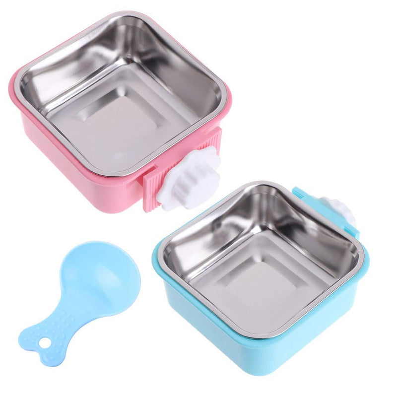 Crate Dog Bowl, Removable Stainless Steel Water Food Feeder Bowls Hanging Pet Cage Bowl Cage Coop Cup for Dogs Cats Puppy Rabbits Bird and Small Pets Samll (Pack of 2) Square (Blue+Pink) - BeesActive Australia