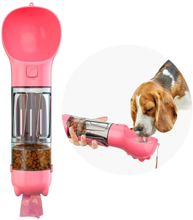 Portable 4in1 Pet Dog Water Bottle with Food Storage, Poop Bag Dispenser and Scoop Pink - BeesActive Australia