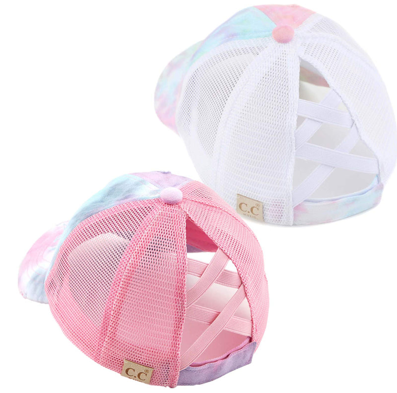 Funky Junque Girl's Criss Cross Hat Messy Bun High Ponytail Kids Baseball Cap 2 Pack: Tie Dye Baby Pink & Tie Dye Cotton Candy - BeesActive Australia