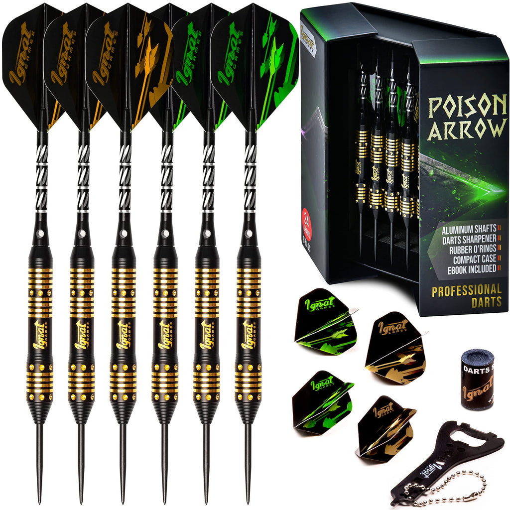 IgnatGames Darts Metal Tip Set - Professional Darts with Stylish Case and Darts Guide, Steel Tip Darts Set with Aluminum Shafts + Rubber O'Rings + Extra Flights + Dart Sharpener and Wrench Green - Poison Arrow - BeesActive Australia