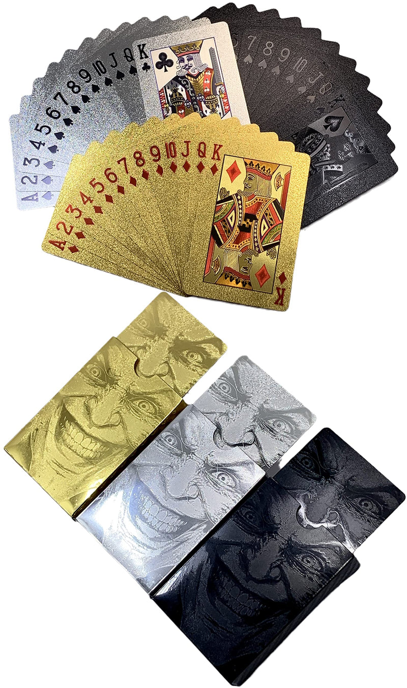 Kxlody Unique Themed Evil Smile Clown 3 Decks Playing Cards Waterproof Deck Cards Plastic Poker Premium Magic Party Game (Black-Gold-Silver) Black-gold-silver - BeesActive Australia